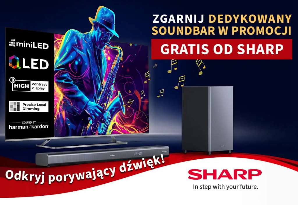 Promocja Sharp w RTV EURO AGD "Soundbar gratis przy zakupie telewizora" - baner promujący akcję
