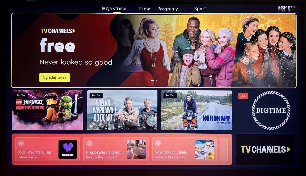 Test telewizora HISENSE RGB Mini LED UR9S - interfejs nakładki Home w wersji beta na ekranie