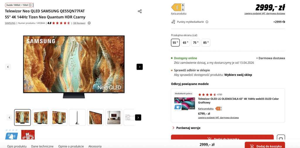 promocja telewizor neo qled qn77f 55 cali mini led media markt