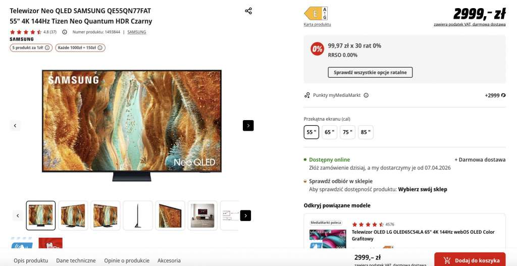telewizor samsung neo qled qn77f 55 cali promocja media markt