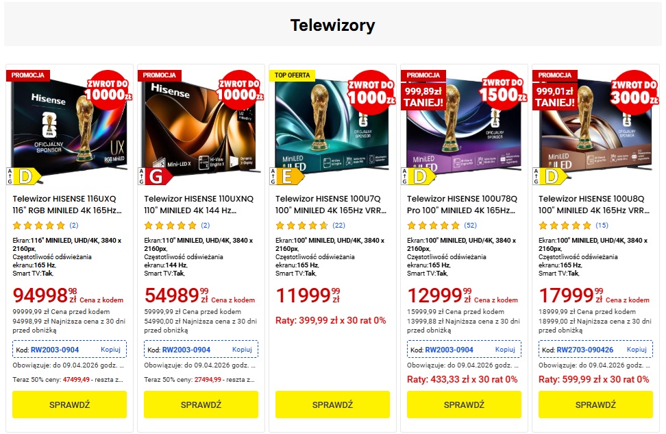 Lista telewizorów Hisense cashback do 10 000 zł Media Expert