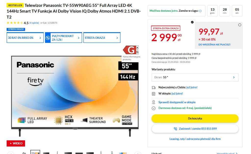 telewizor panasonic w90a 55 cali promocja 144 hz rtv euro agd