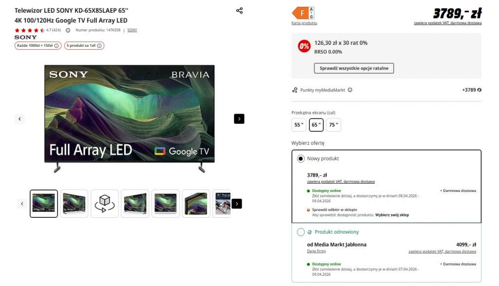 promocja telewizor sony x85l 65 cali okazja media markt