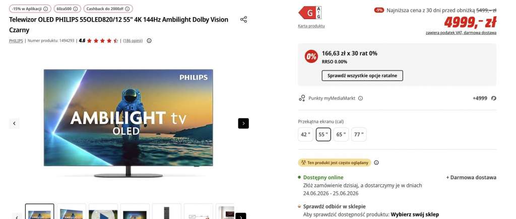 telewizor philips oled820 55 cali promocja media markt 144 hz google tv