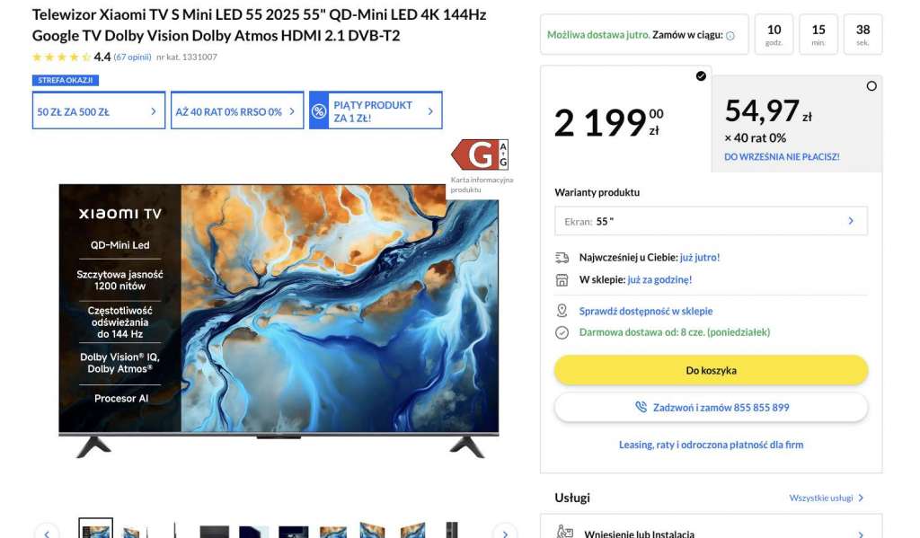 xiaomi tv s 55 cali mini led rtv euro agd promocja telewizor