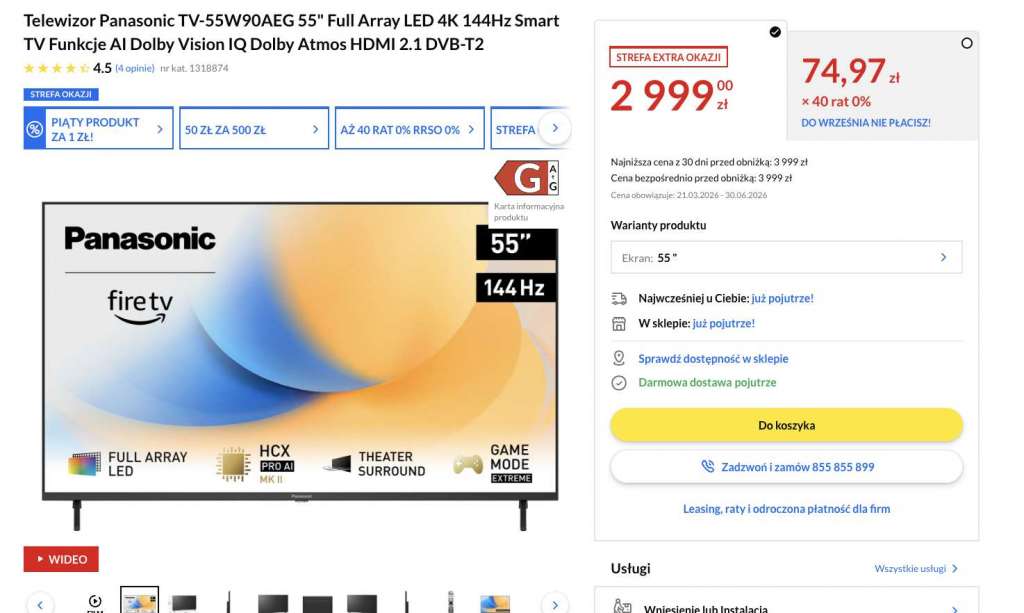 panasonic w90a 55 cali okazja promocja telewizor rtv euro agd