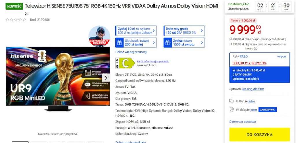 Telewizor Hisense 75UR9S RGB Mini LED w promocji Media Expert za 9 999 zł.