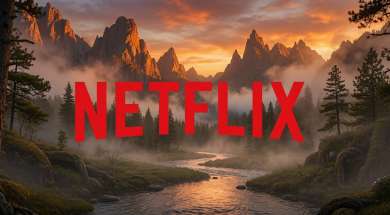 netflix logo na tle rzeki i gór