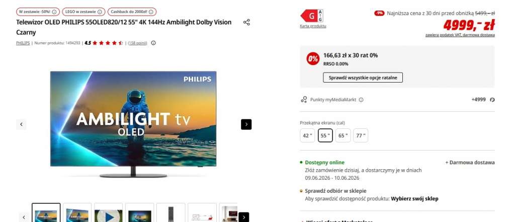 telewizor philips oled820 promocja media markt 55 cali 144 hz media markt