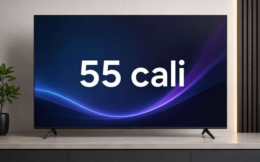 Telewizor na półce z dopiskiem "55 cali" - zdjęcie ilustracyjne