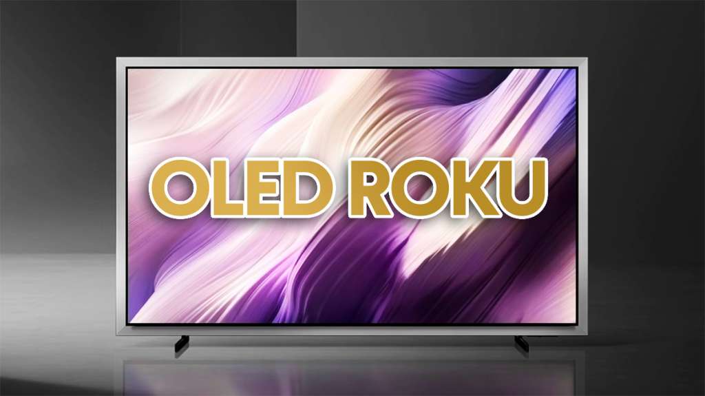 Telewizor Samsung OLED S99H z dopiskiem "OLED ROKU" na ekranie