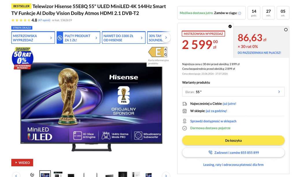 telewizor hisense e8q promocja 55 cali mini led rtv euro agd 144 hz