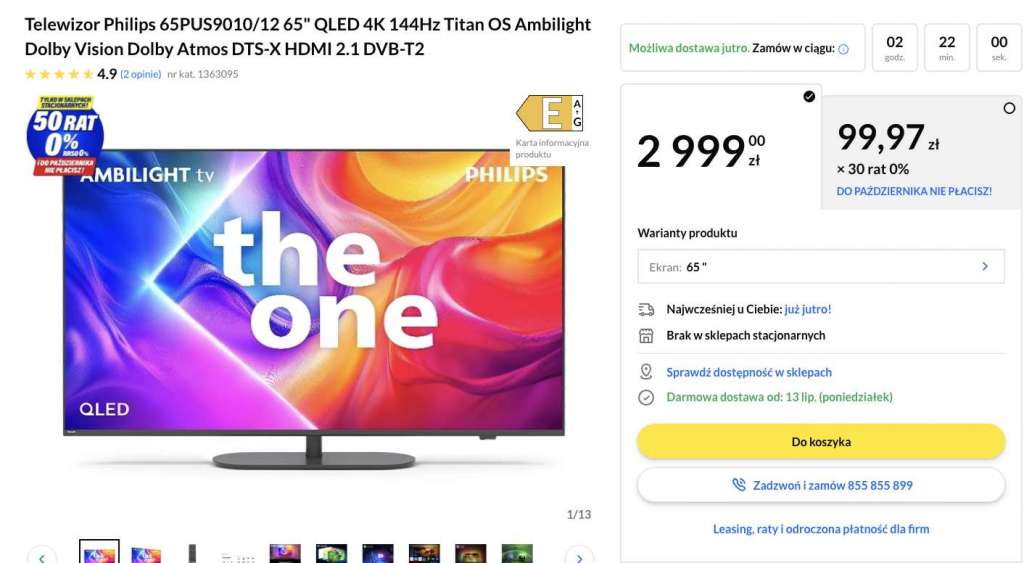 telewizor philips pus9010 65 cali qled 144 hz amblight
