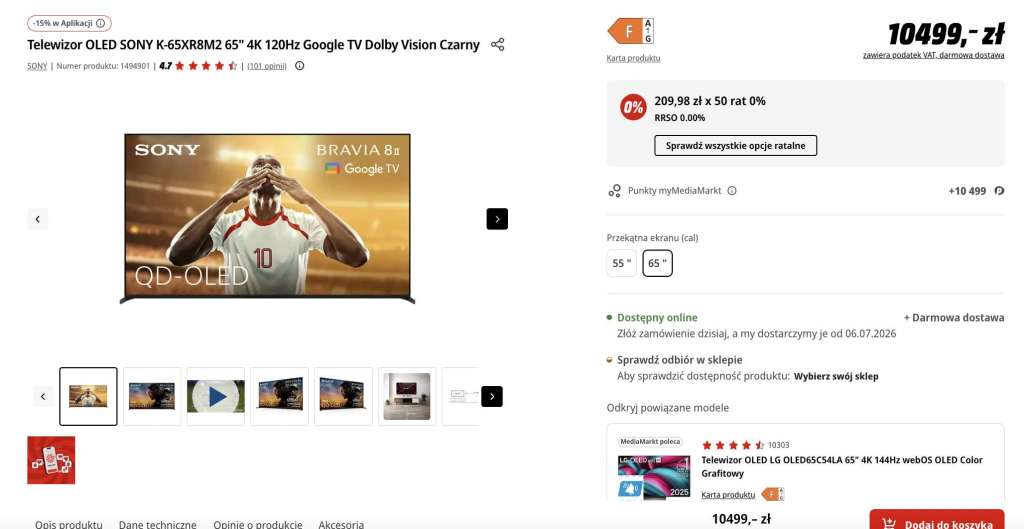 telewizor sony bravia 8 II oled 65 cali promocja media markt