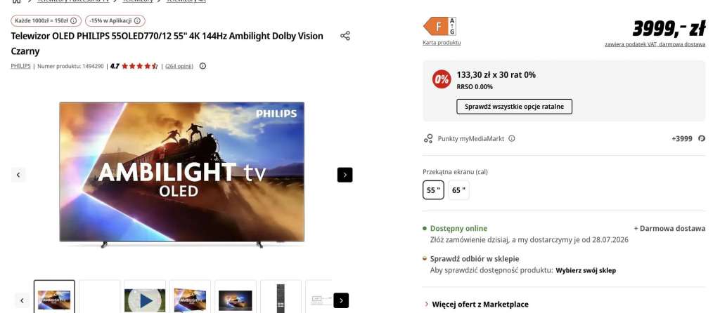telewizor oled770 55 cali philips ambilight hdmi 2.1 promocja