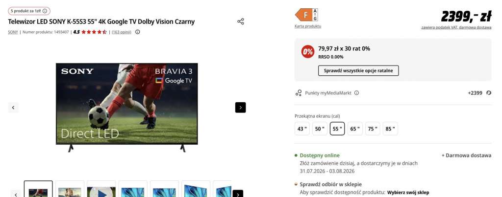 telewizor Sony BRAVIA 3 55 cali okazja media markt
