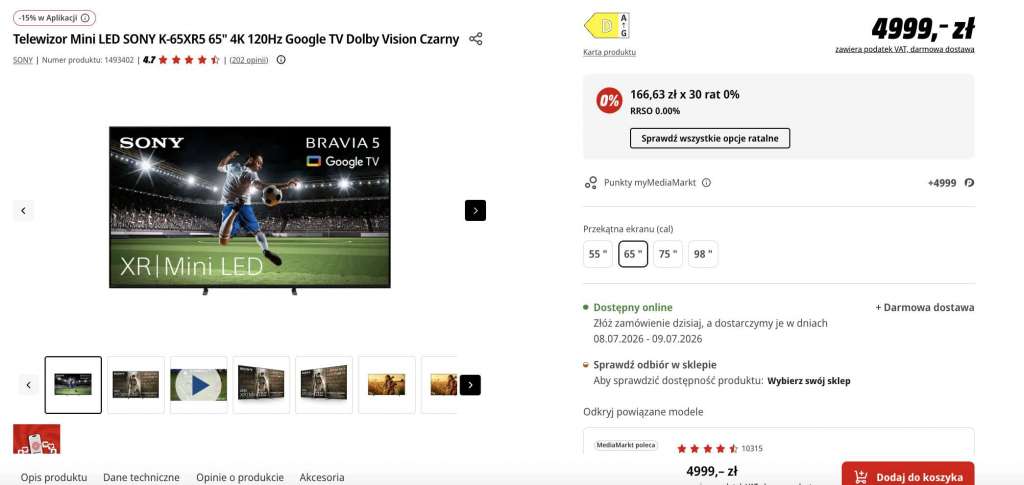 telewizor sony bravia 5 mini led 65 cali 120 hz media markt promocja