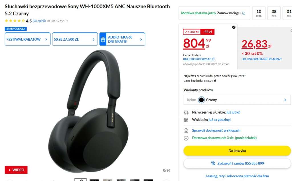 słuchawki sony wh-1000xm5 promocja rtv euro agd