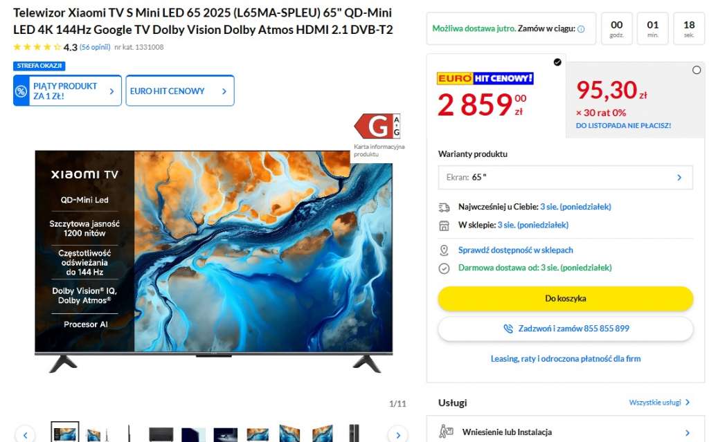 xiaomi tv s mini led 65 cali promocja w rtv euro agd