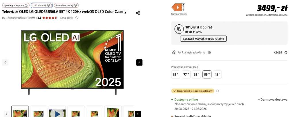 telewizor oled lg oled b5 55 cali promocja media markt