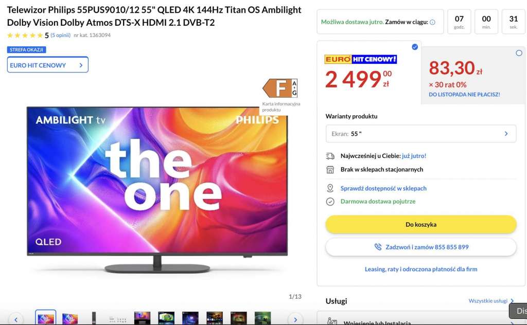 telewizor philips pus9010 55 cali qled 144 hz rtv euro agd