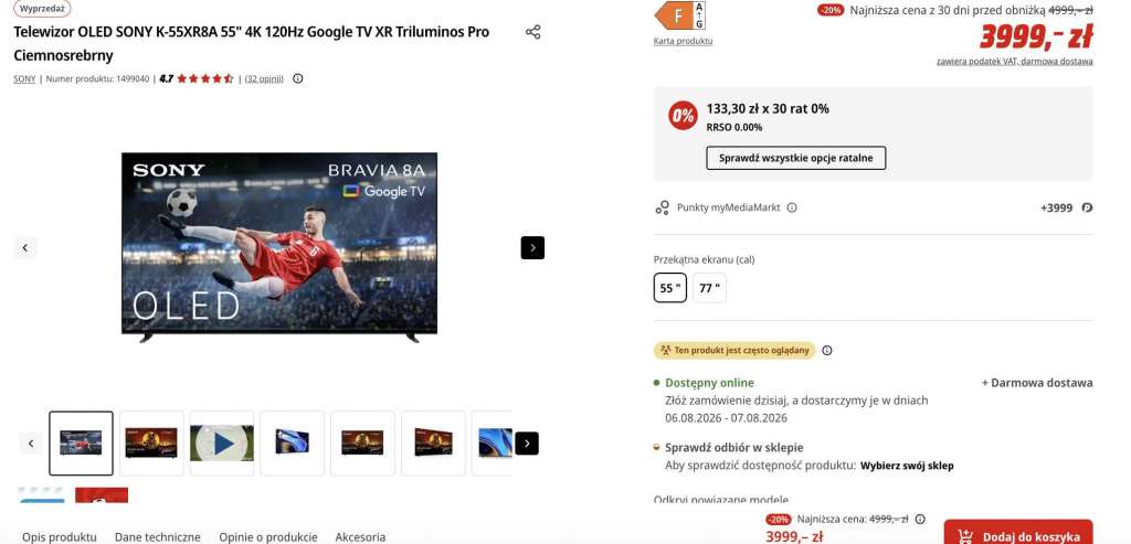 telewizor sony bravia 8a 55 cali promocja media markt