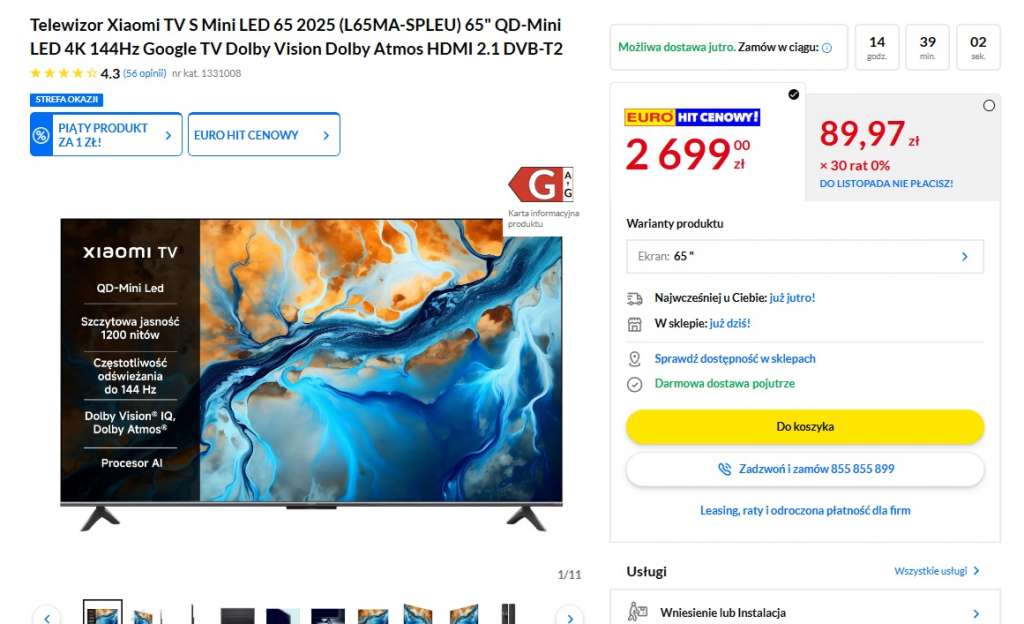 telewizor xiaomi tv s 65 cali promocja rtv euro agd 144 hz google tv